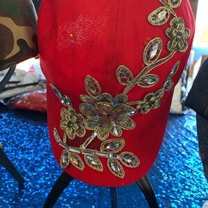 Red Cap with Gold Floral Embellishments